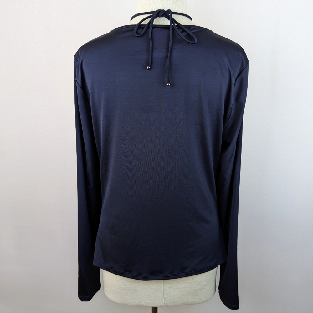 Veronica Beard Rogue Top Halter Neck Tie Ruched Detail Long Sleeve Navy 12 NWT - Picture 6 of 13
